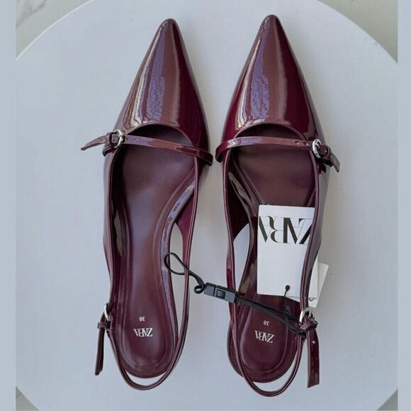 ZARA Cherry Red Patent Slingback Heels w/ Buckle Detail NWT (Sz 7.5) - Picture 14 of 16